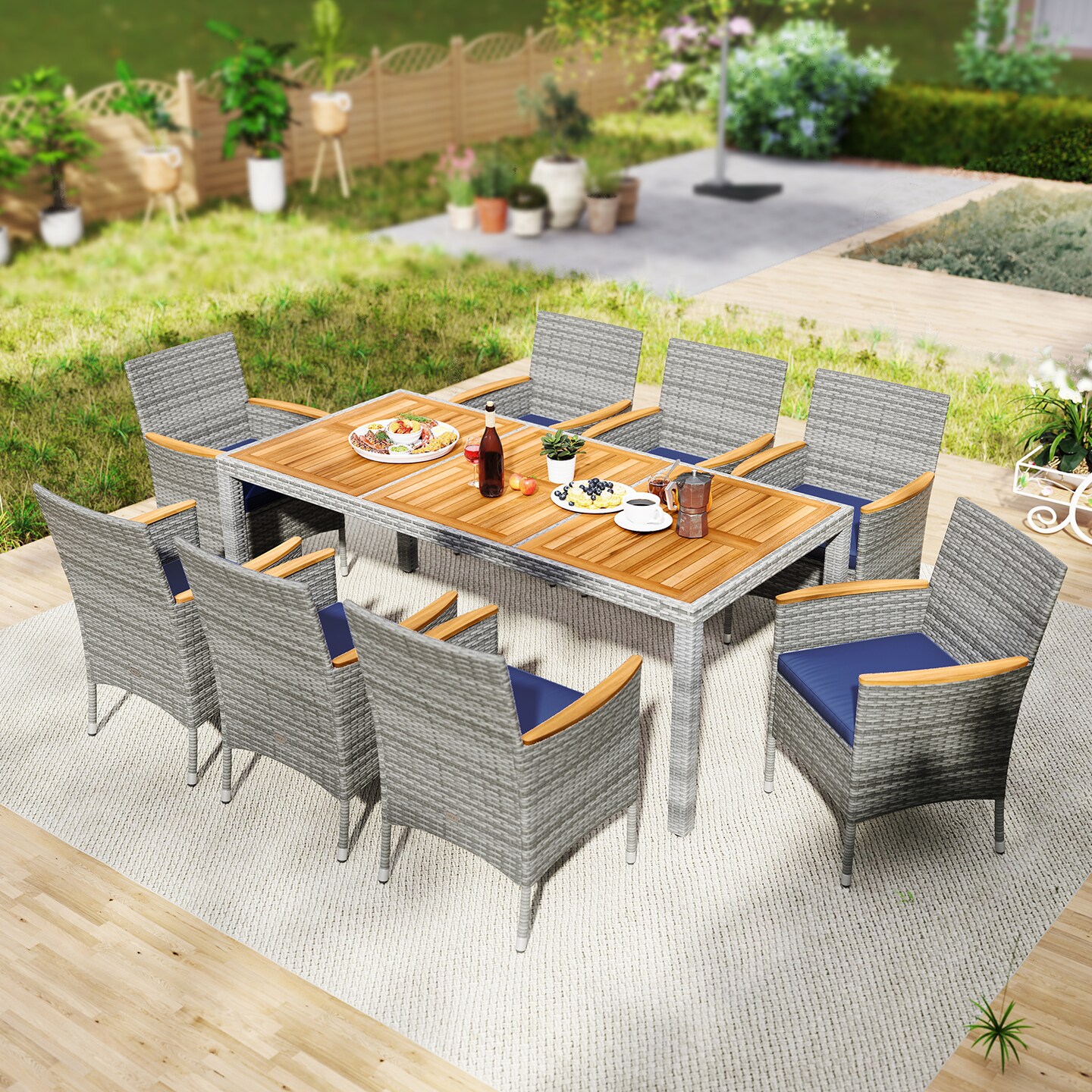 9 Pieces Patio Wicker Dining Set Including Ergonomic Armchairs with Cushions and Metal Frame
