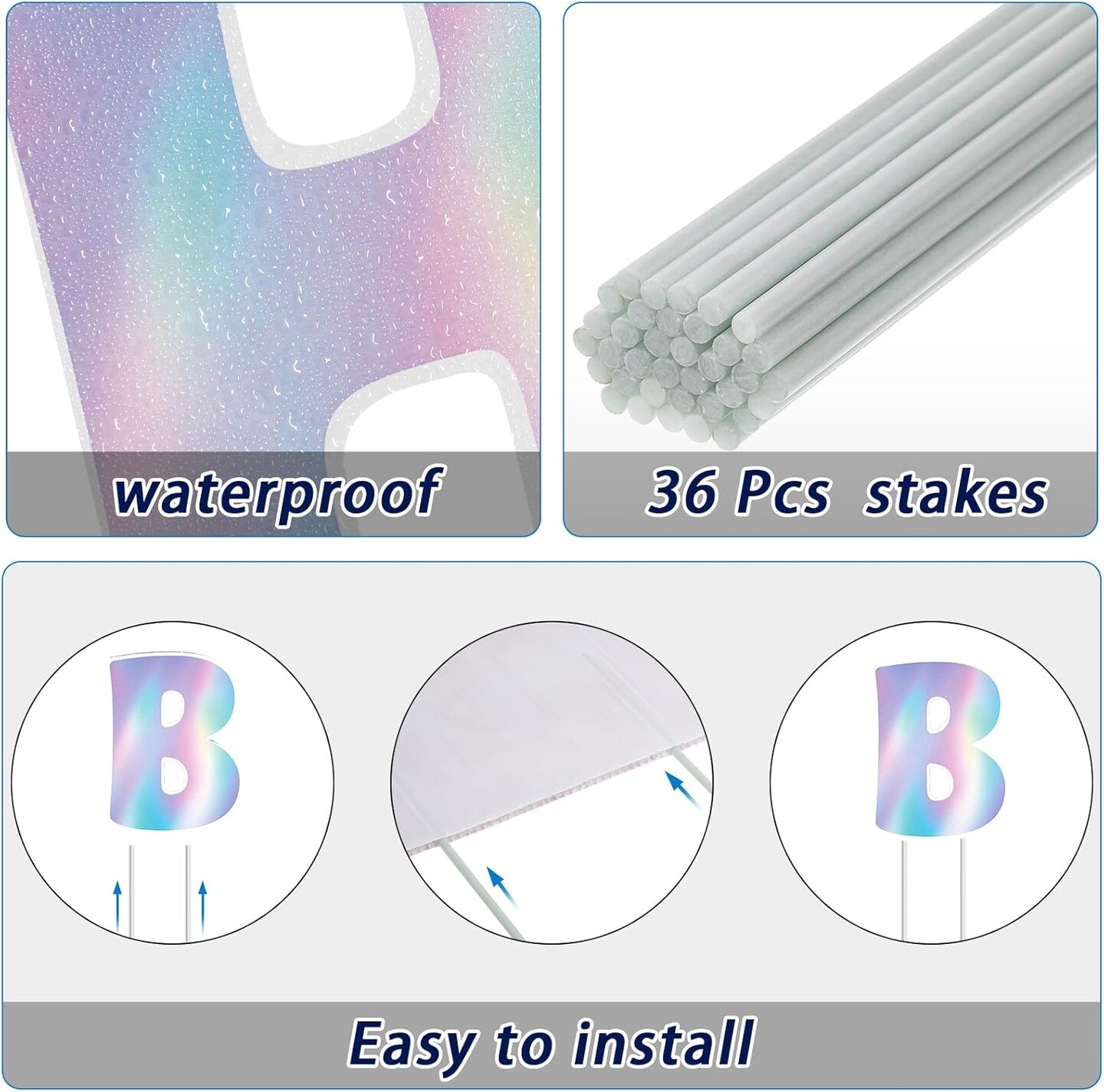 18 Pcs Iridescent Happy Birthday Yard Sign with Stakes Shiny Happy Birthday Yard Lawn Signs Cake Balloon Star Outdoor Birthday Yard Decorations for Birthday Party Supplies, Laser Color