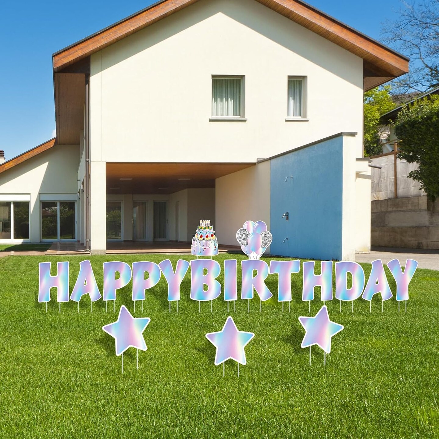18 Pcs Iridescent Happy Birthday Yard Sign with Stakes Shiny Happy Birthday Yard Lawn Signs Cake Balloon Star Outdoor Birthday Yard Decorations for Birthday Party Supplies, Laser Color