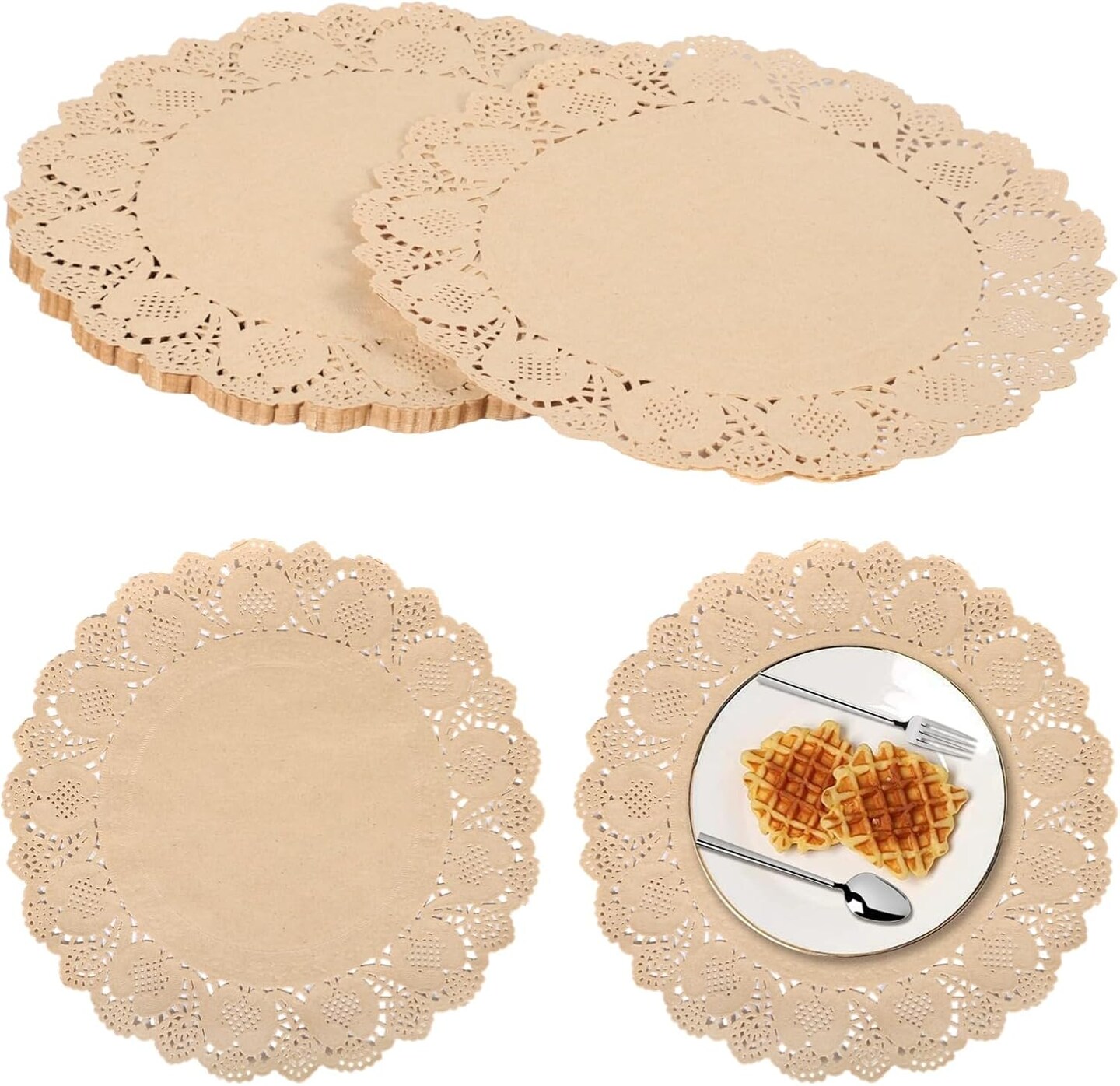 100 Pcs Round Paper Doilies, 13.5" Kraft Paper Placemats with Lace Edges, Disposable Decorative Place Mats, Paper Dining Table Pads