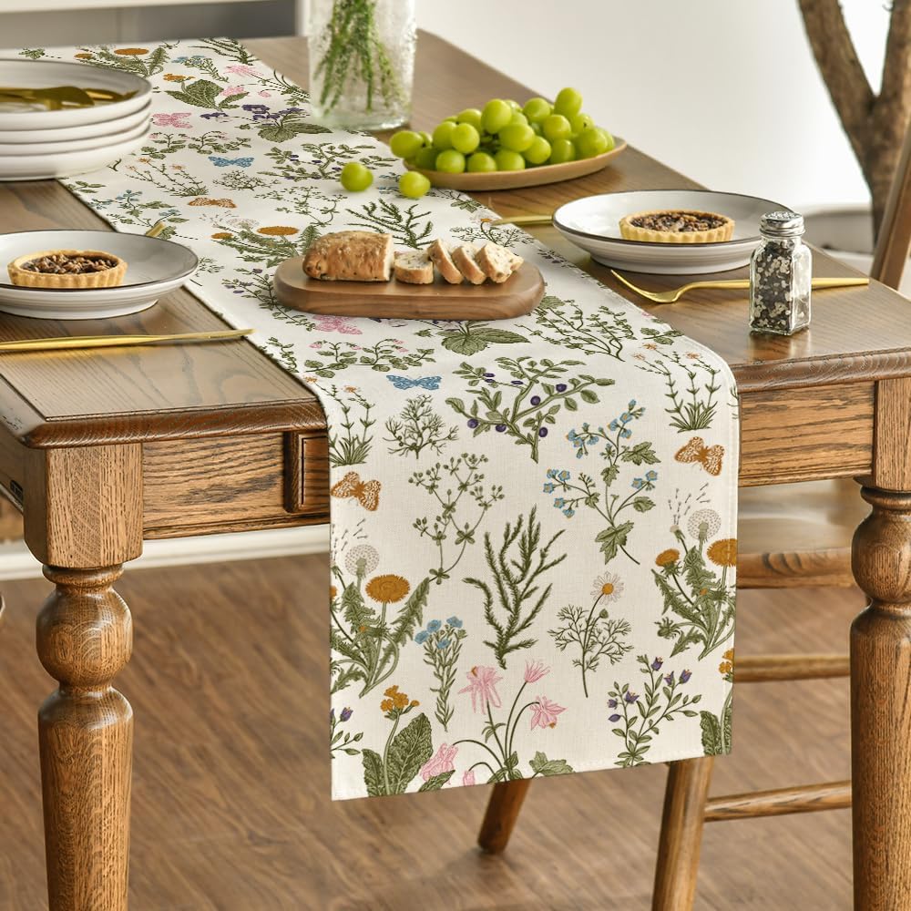 Wildflowers Floral Spring Table Runner, Seasonal Summer Butterfly Kitchen Dining Table Decoration