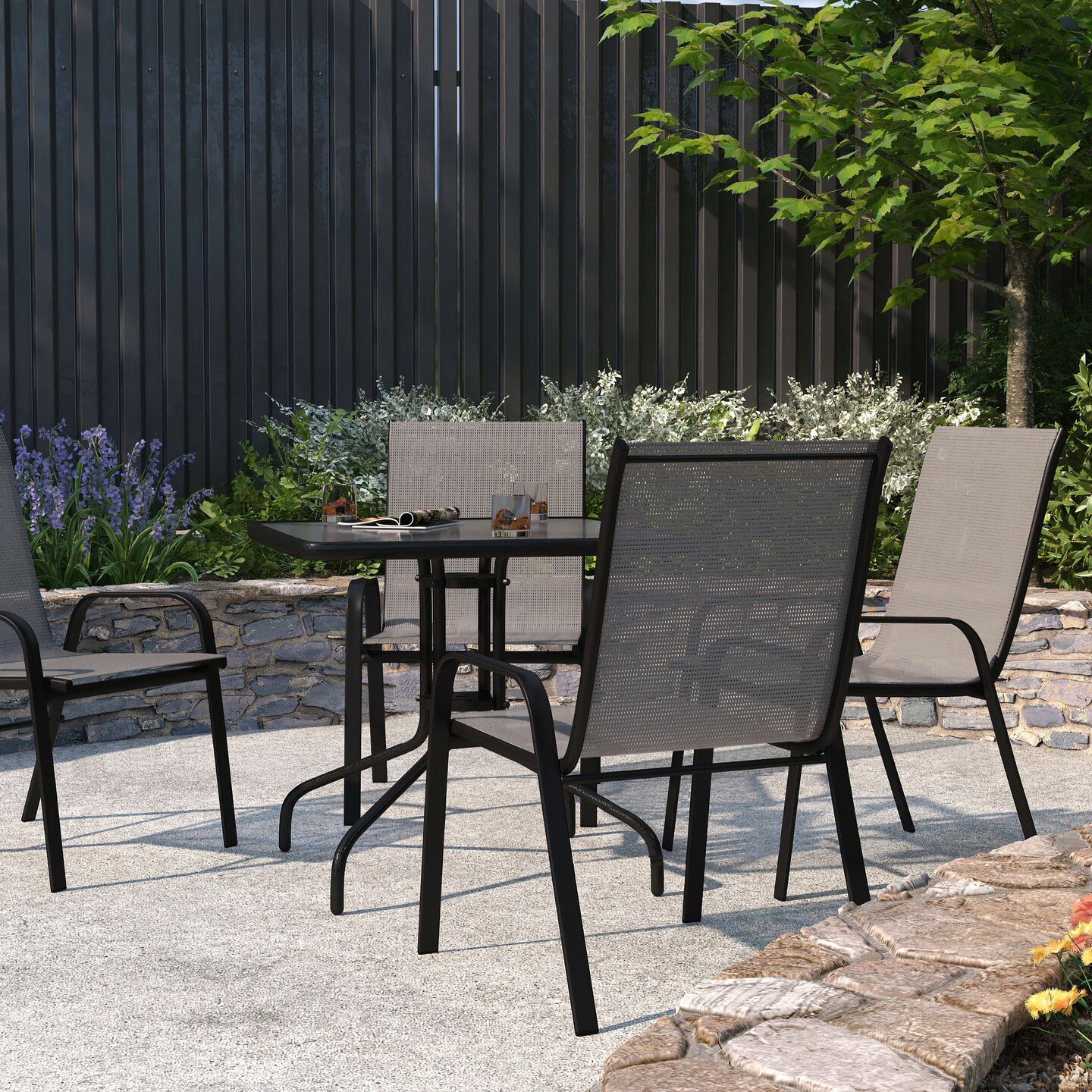 Merrick Lane Set of 4 Manado Series Metal Stacking Patio Chairs with Flex Comfort Material