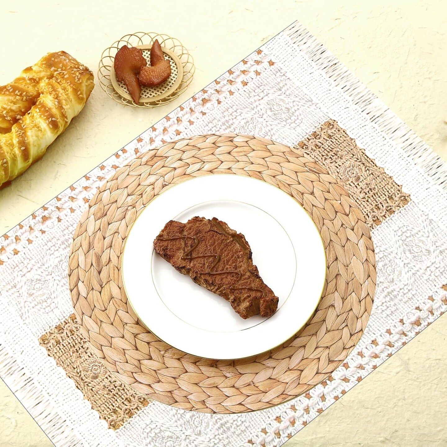 100 Pcs Boho Disposable Paper Placemats Set Round Braided Rattan Disposable Woven Paper Place and Rectangle Burlap Printed Placemats Farmhouse Table Mats for Kitchen