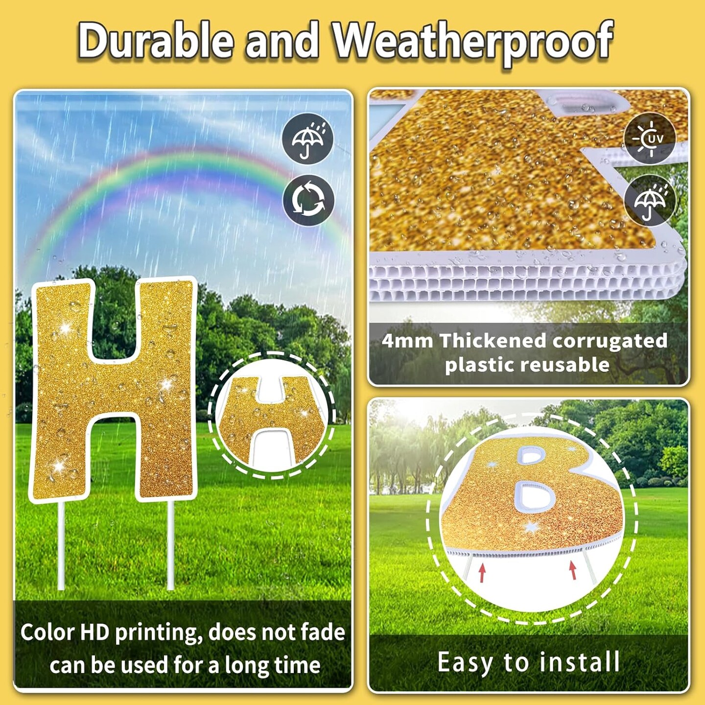 18 Pcs Happy Birthday Yard Sign with 32.8 ft Led Light, 16” Large Size Happy Birthday Yard Sign with Stakes, Weatherproof Personalized Birthday Yard Signs, Outdoor Lawn Garden Party Decoration(Gold)