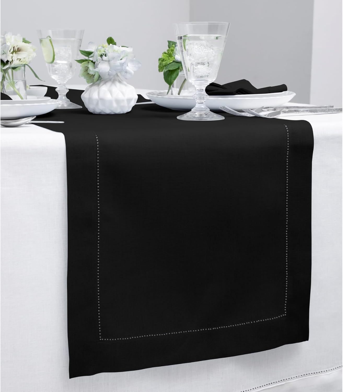 Home Black Table Runner 60 Inches - Classic Hemstitch, 100% Pure Linen Coffee Table Runner