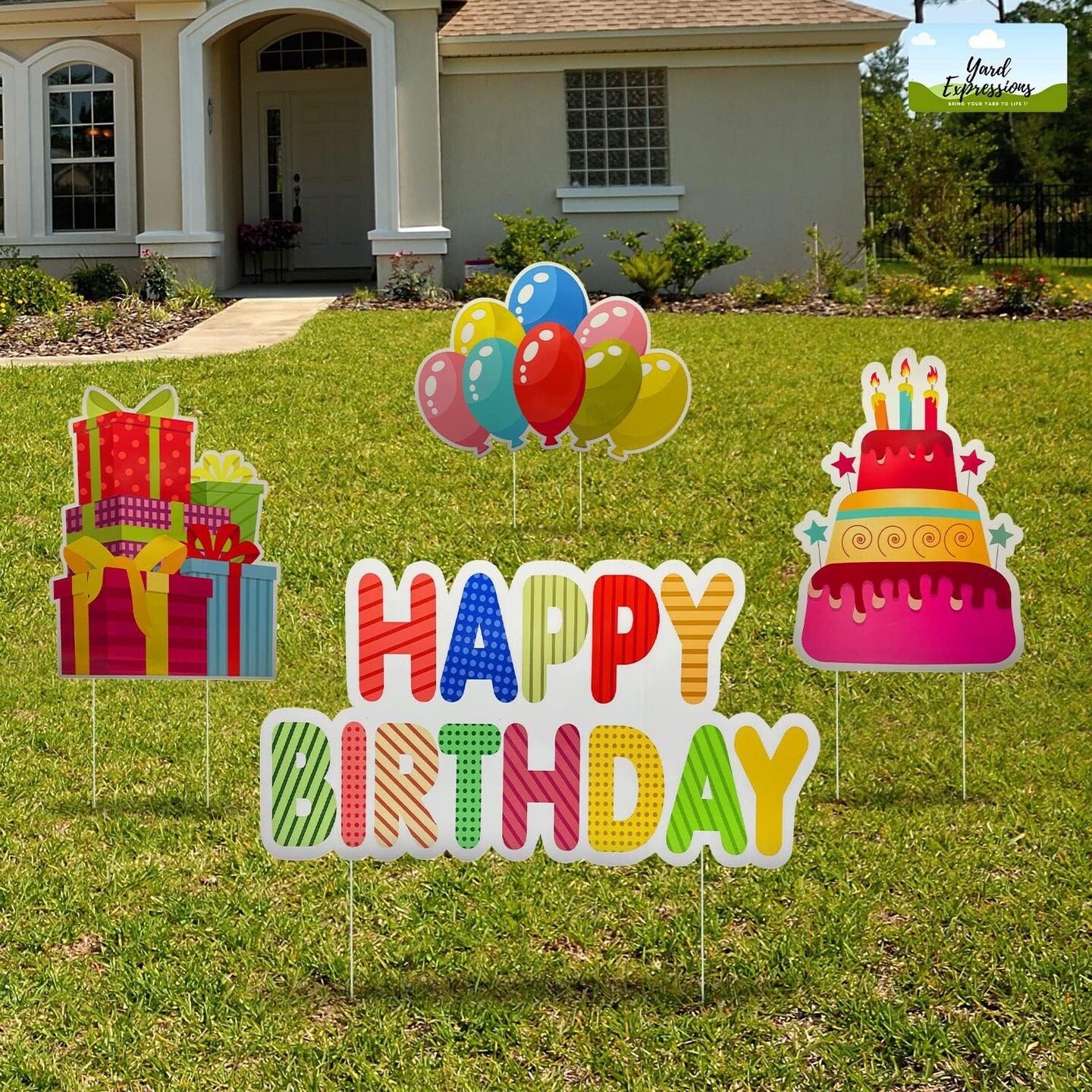 Yard Expressions 4pc Happy Birthday Yard Signs with Stakes - Easy to Install Happy Birthday Yard Sign - Large 16&#x22; Waterproof Birthday Sign Yard &#x2013; Durable, Reusable &#x26; Colourful Happy Birthday Lawn Sign