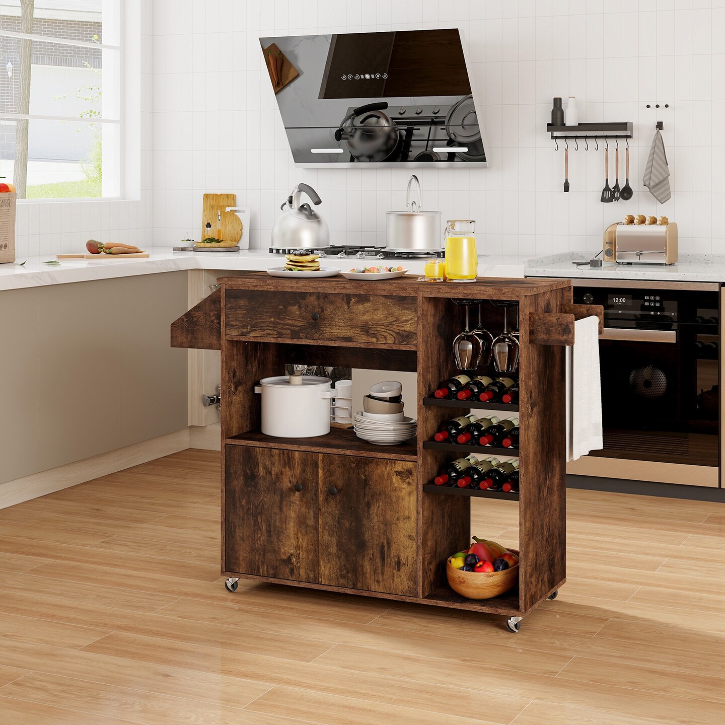 Kitchen Island Cart, Engineered Wood, Wine Rack, USB and AC Charging, Lockable Wheels