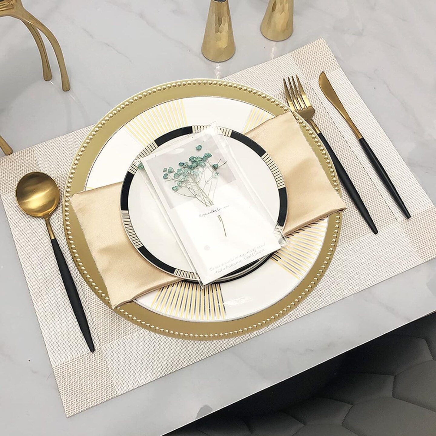 Set of 12 Gold Charger Plates with Beaded. 13" Reusable Plastic Table Chargers for Dinner Plates