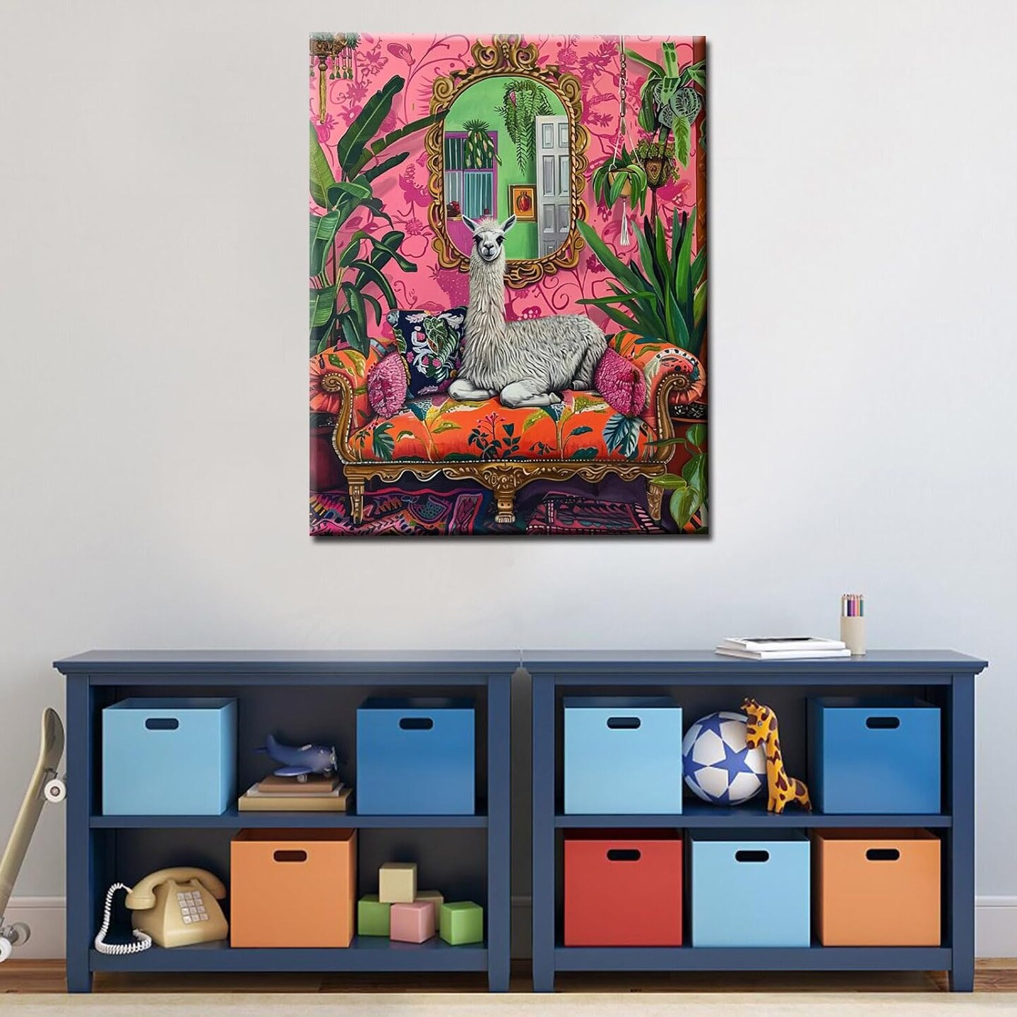 Llama Paint by Numbers Kit for Kids – Tropical Green Leaves Boho Canvas Painting Set with Brushes & Acrylic Paints, No Frame, 16" x 20"