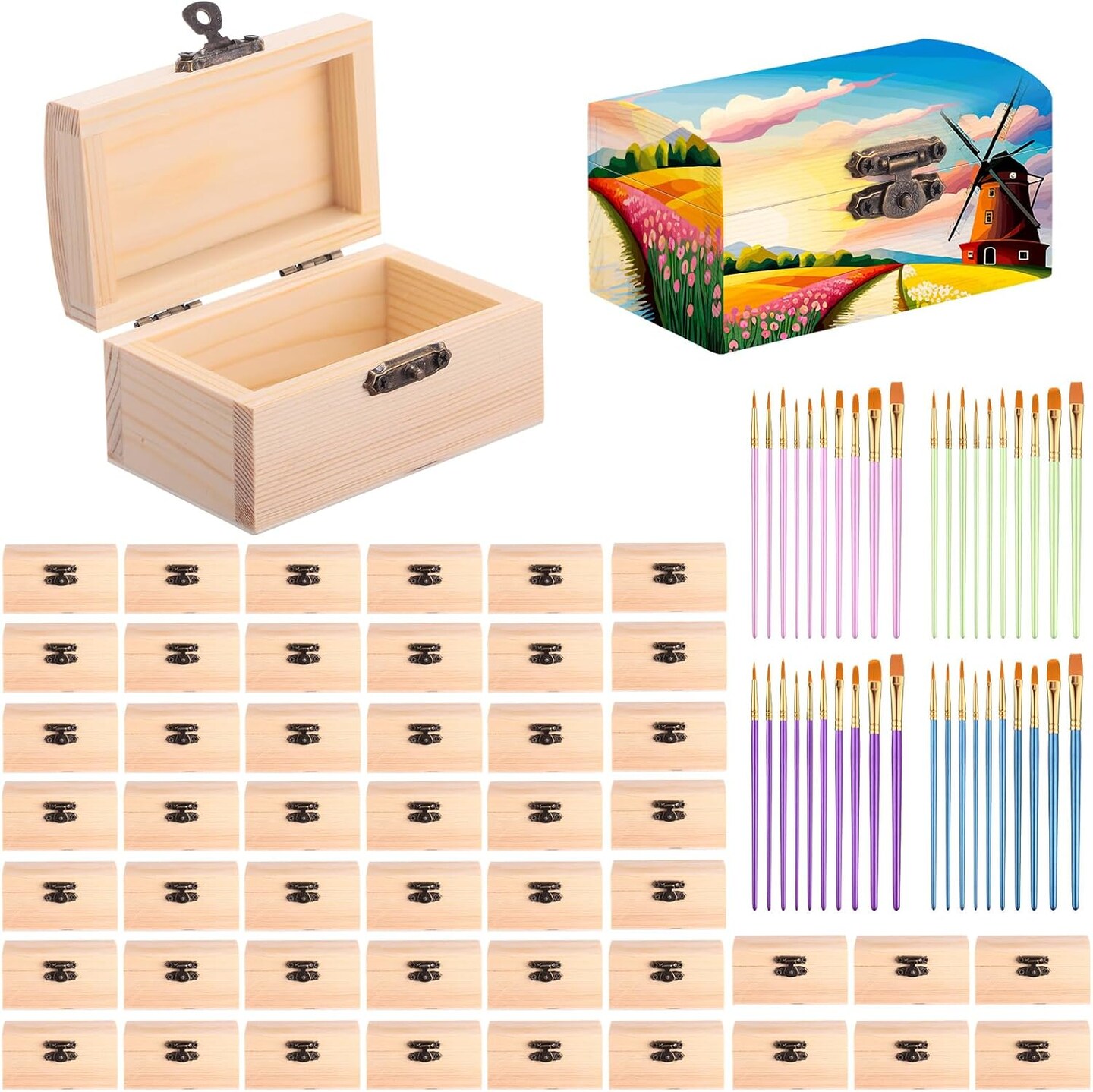 48 Pcs Unfinished Wooden Craft Boxes with 40 Paintbrushes Small Wooden Boxes Treasure Chest with Lid and Clasp Wood Storage Box for DIY Baby Shower Pirate Decor