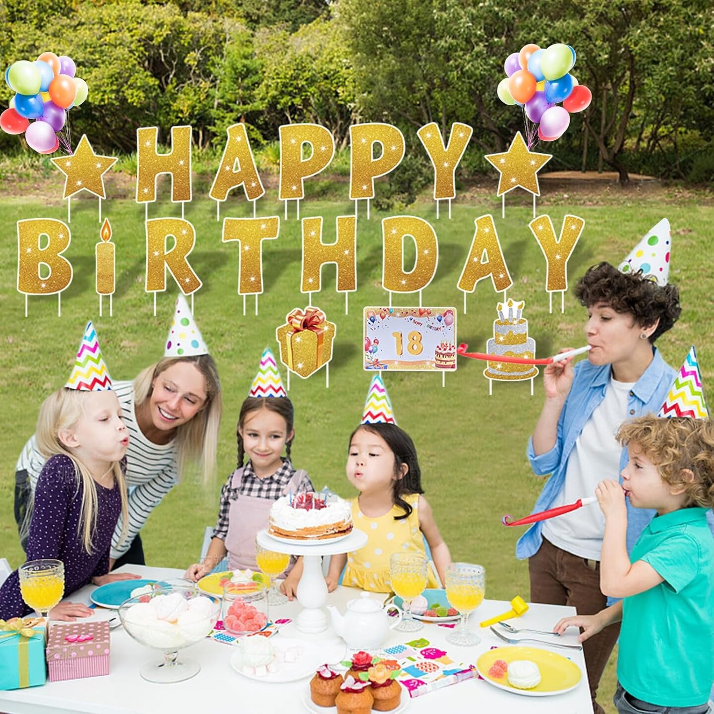 18 Pcs Happy Birthday Yard Sign with 32.8 ft Led Light, 16” Large Size Happy Birthday Yard Sign with Stakes, Weatherproof Personalized Birthday Yard Signs, Outdoor Lawn Garden Party Decoration(Gold)