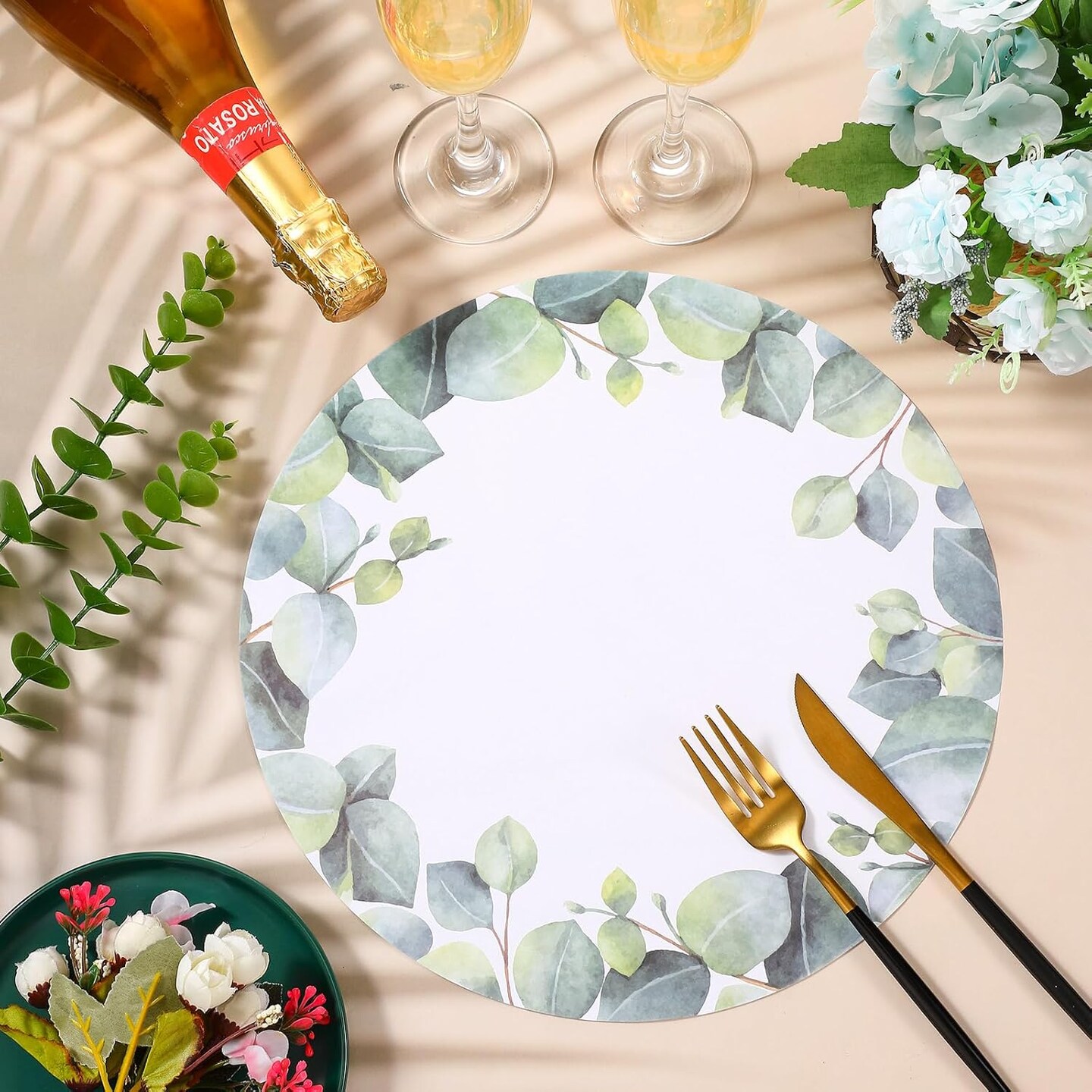 100 Pcs Disposable Eucalyptus Leaf Paper Placemats Round 12 Inch Sage Green Eucalyptus Placemat Table Place Mat