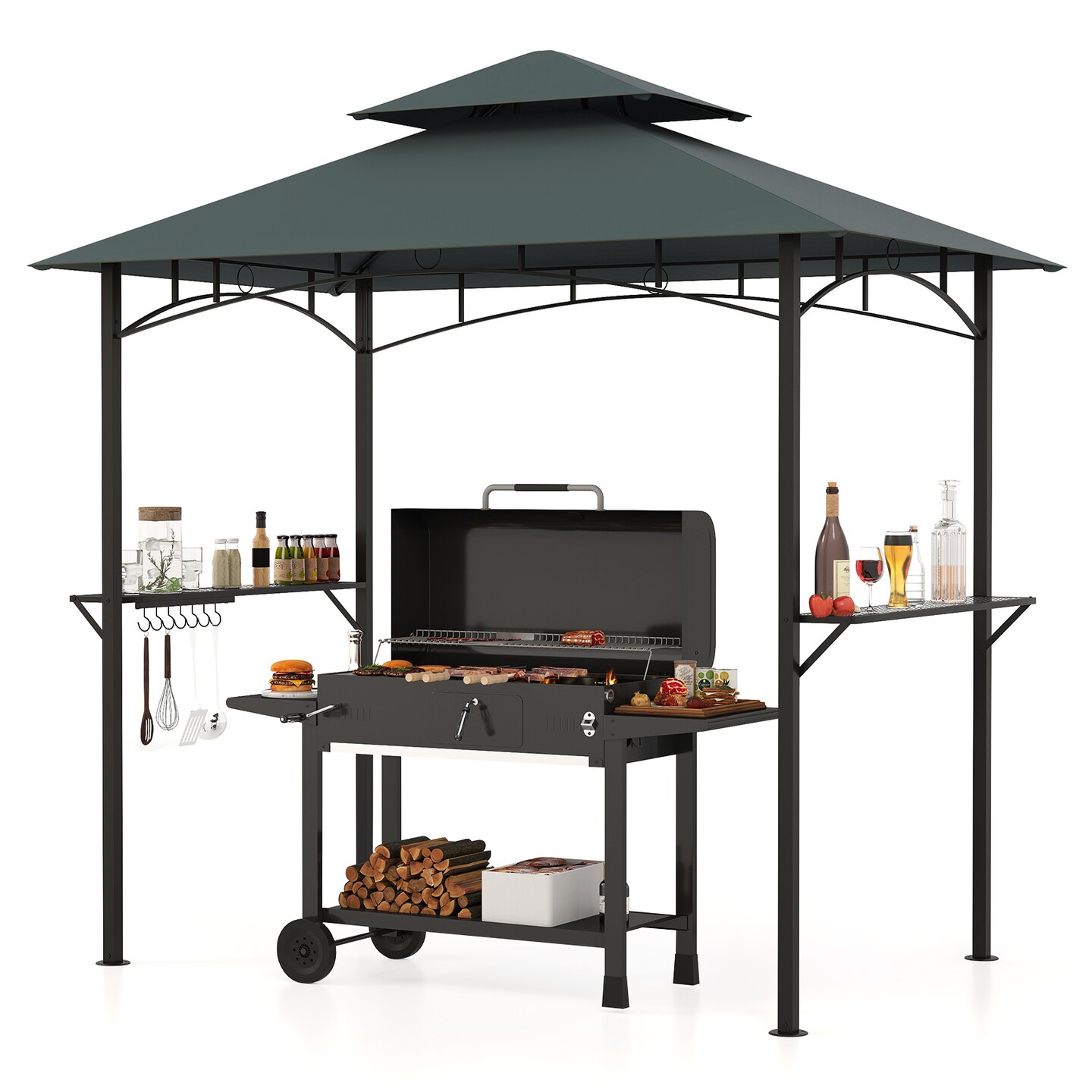Multi-functional Outdoor Double-Tiered Grill Gazebo Canopy with 2 Side Shelves and 7 Hooks