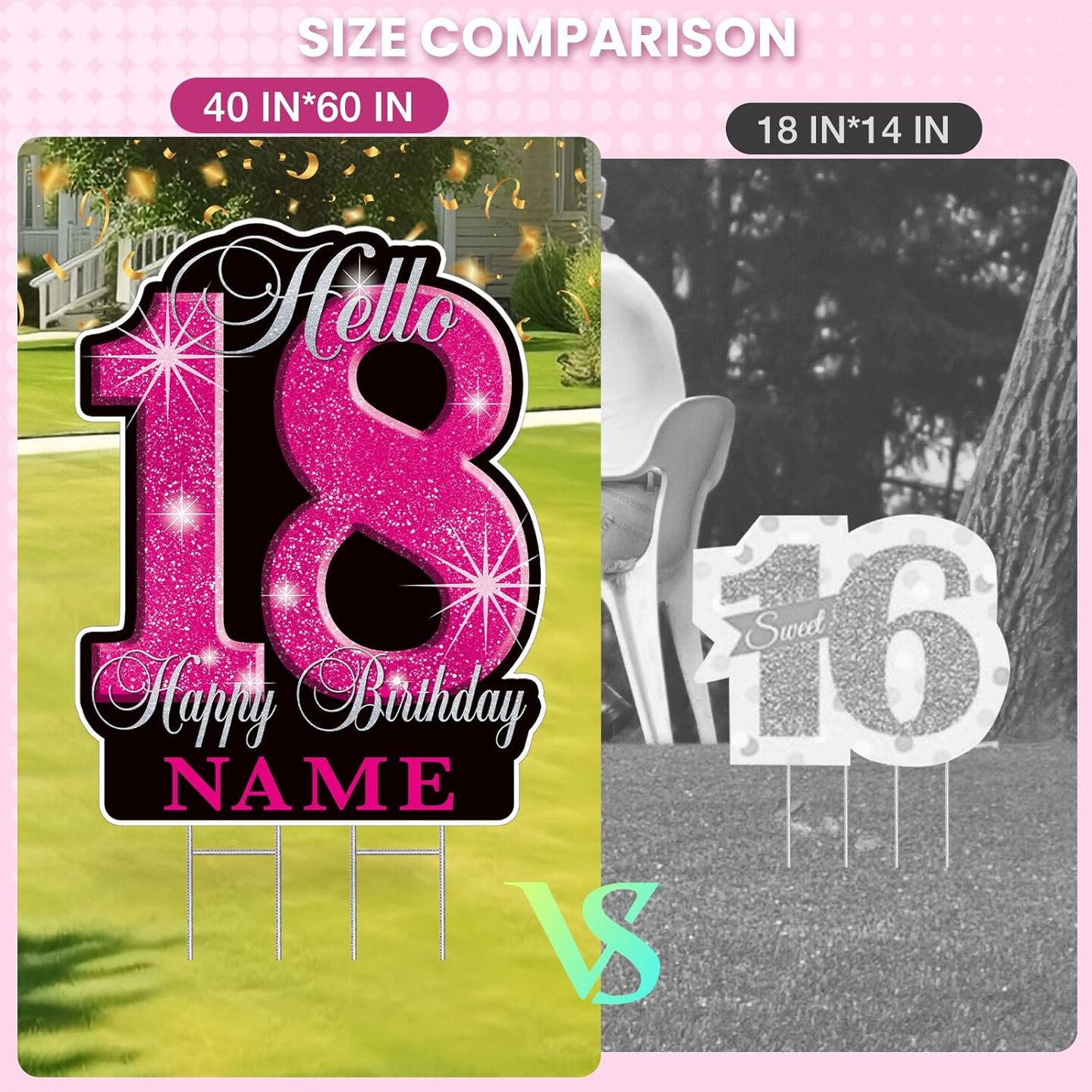 18th Birthday Decorations for girls &#x2013; 35&#x22; Happy 18 Birthday Yard Sign, Personalized with Custom Name, Glitter Waterproof Lawn Decor &#x26; Stakes for Outdoor Party