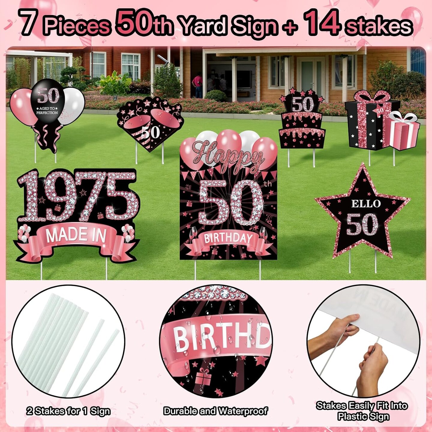 7Pcs Rose Gold 50th Birthday Yard Sign Decorations for Women,Happy 50th Birthday Made in 1975 Lawn Sign Party Supplies,Fifty Year Old Birthday Outdoor Yard Decor with Stakes
