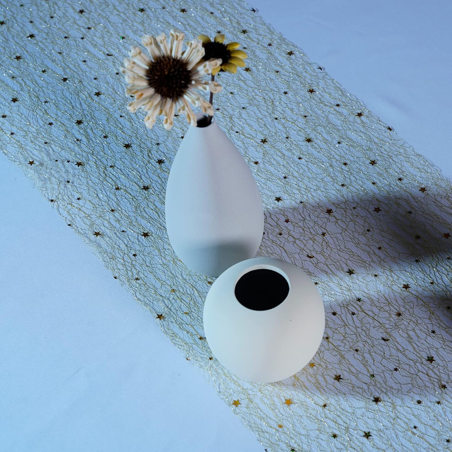 Gold Starry Moon Table Runner, 11 × 33 ft Glitter Sequin Mesh with Stars and Moons for Wedding, Valentine’s Day, Bridal Shower, Baby Shower, Birthday Party, and Table Decorations