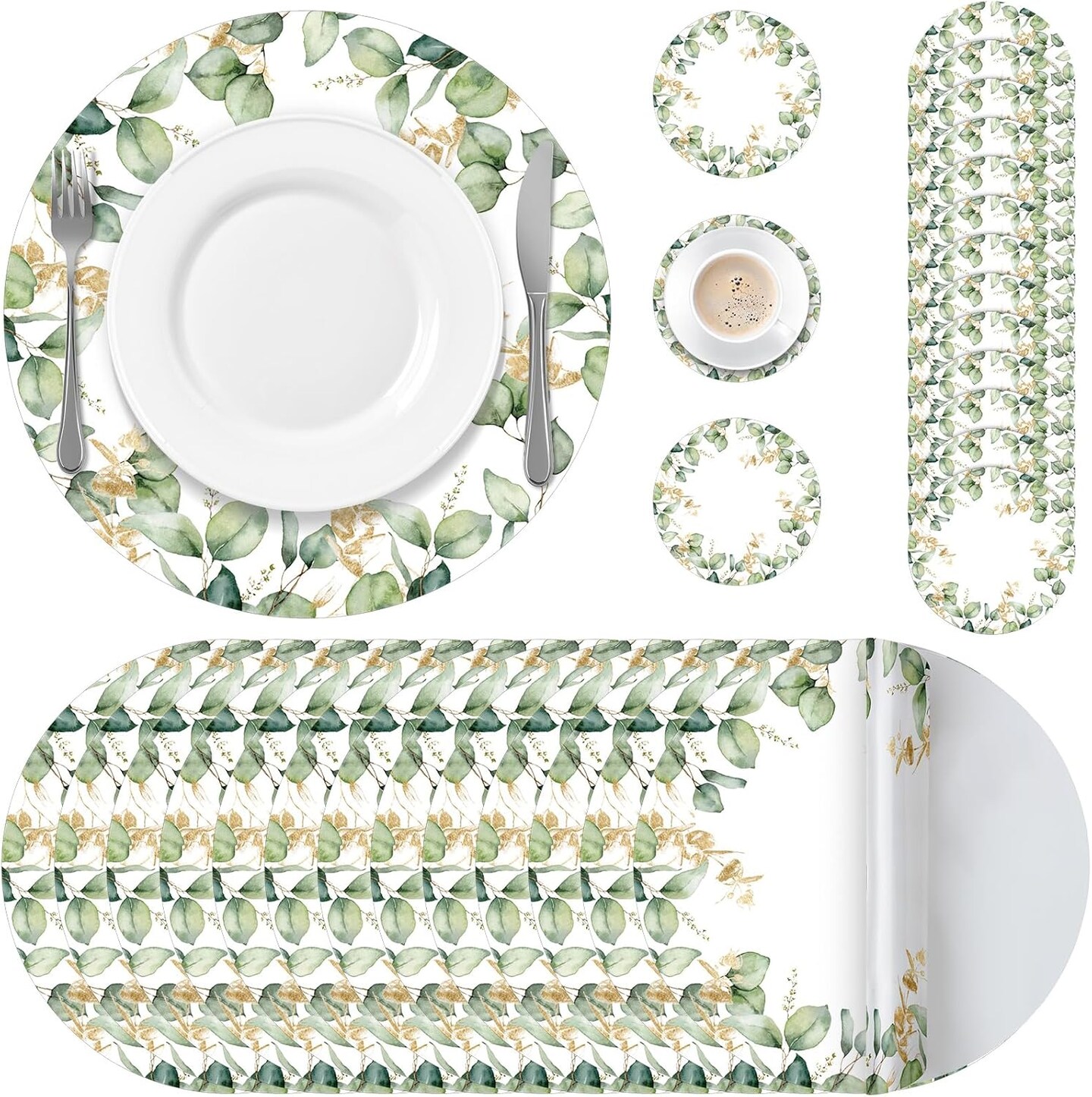 100 Pcs Eucalyptus Leaves Disposable Paper Place Mat Coaster Set Green Round Table Place Mat Paper