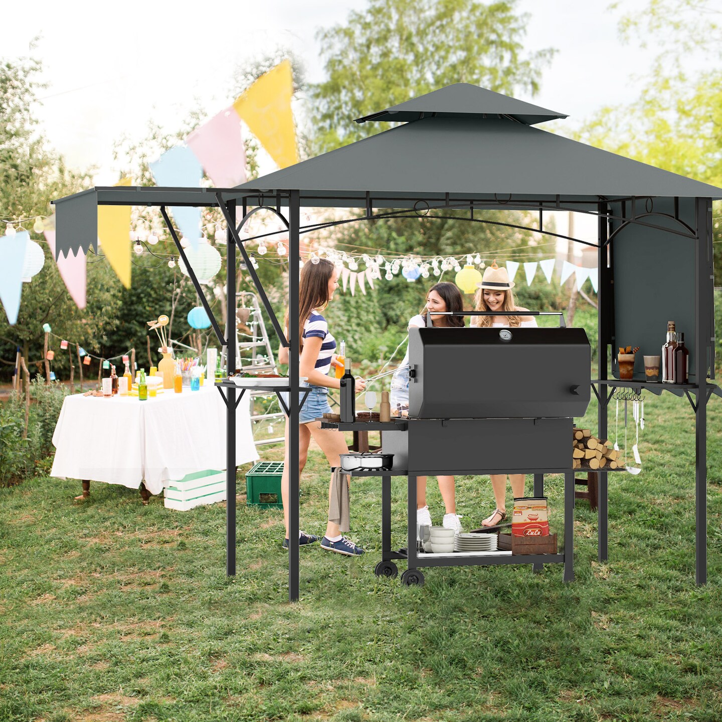 13 x 5 Feet Dual Side Awnings Grill Gazebo with 2 Shelves Adjustable Shadow and Metal Frame
