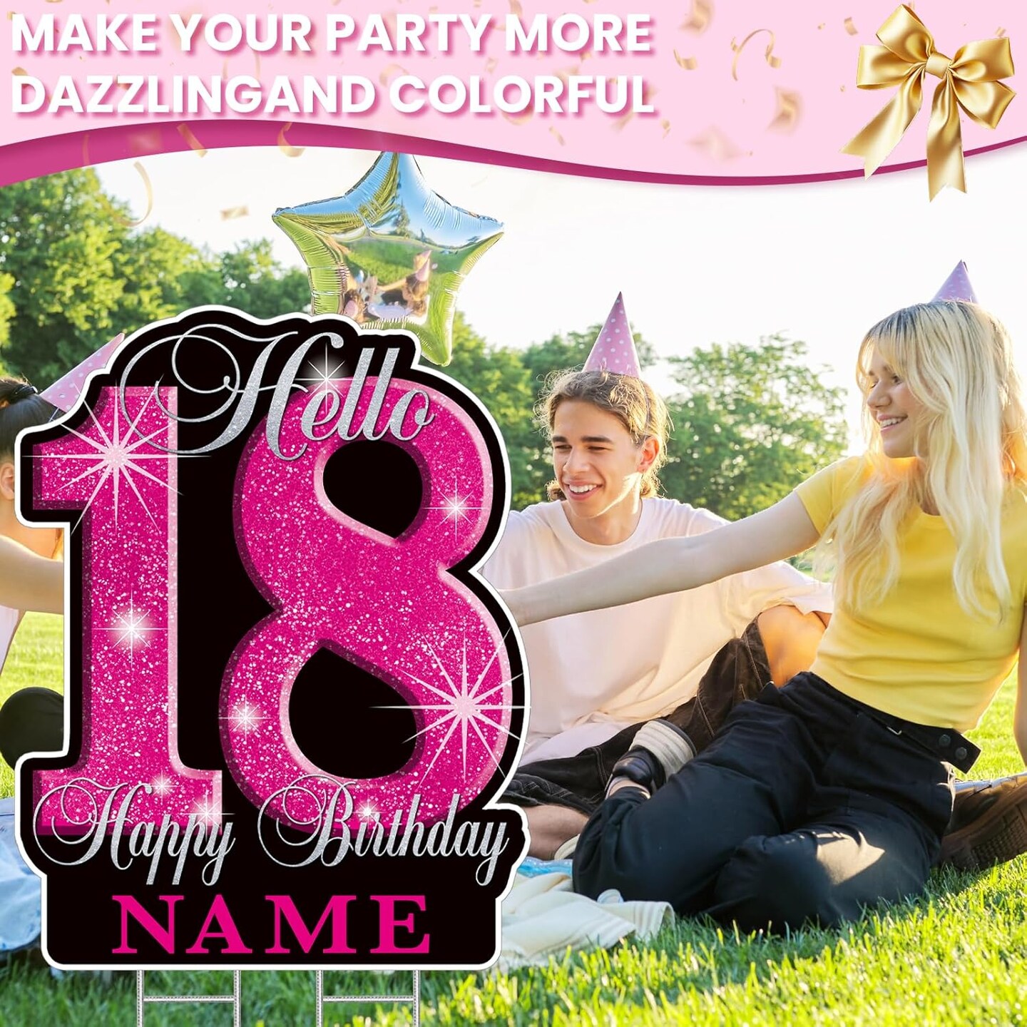 18th Birthday Decorations for girls &#x2013; 35&#x22; Happy 18 Birthday Yard Sign, Personalized with Custom Name, Glitter Waterproof Lawn Decor &#x26; Stakes for Outdoor Party