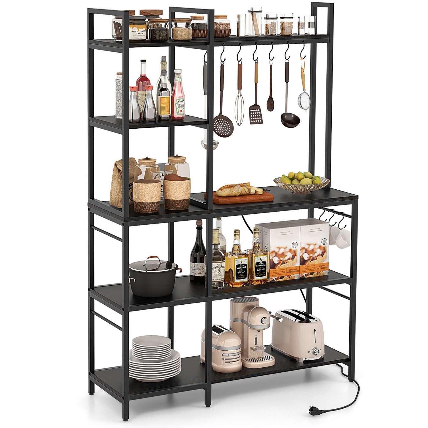 Metal and Wood Kitchen Backers Rack with Charging Ports, 5 Tiers and Anti-Tip Safety