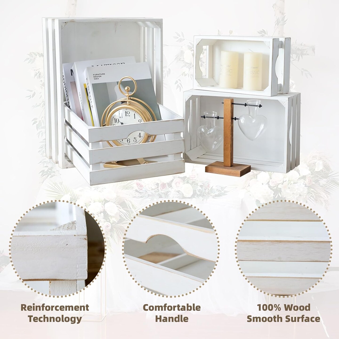 Set of 4 Large Wooden Crates Decorative, Whitewashed Nesting Wooden Crates for Display Rustic, Farmhouse Wooden Storage Container Boxes Made from 100% Wood