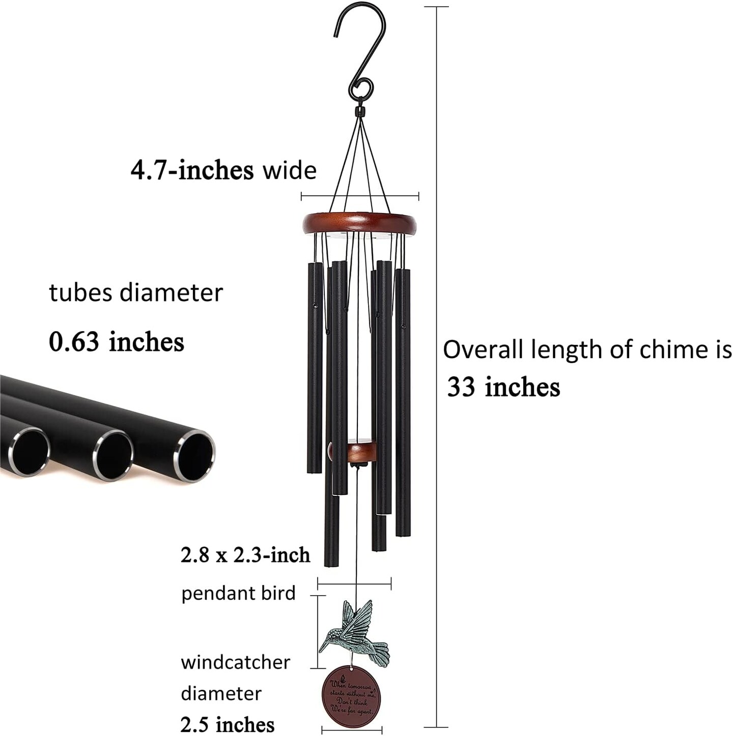 Memorial Wind Chimes Outdoor with Hummingbird Wind Spinner, Deep Tone Large Sympathy Windchime 33&#x22; with 6 Heavy Tuned Tubes Gift for Patio, Porch, Garden, Backyard
