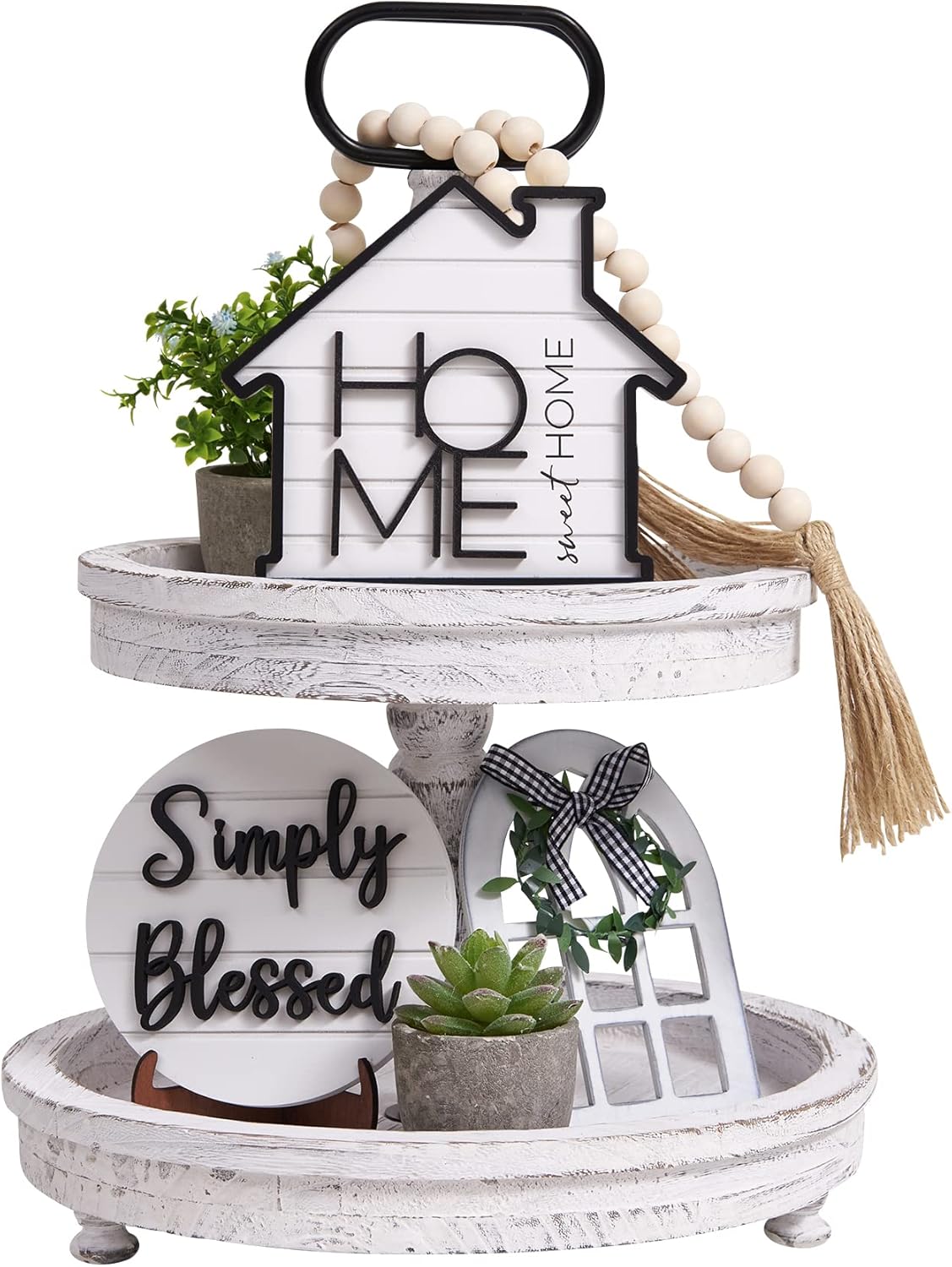 Rustic Farmhouse Tiered Tray Set with Succulent & Plant - Home Decor for Kitchens