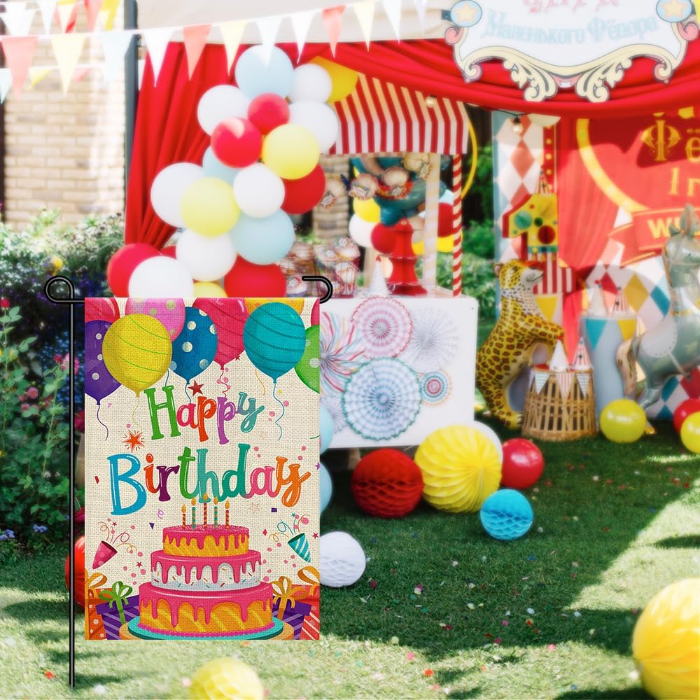 Happy Birthday Garden Flags 12x18 Double Sided Burlap, Colorful Balloon Cake Toppers Personalized Banner Farmhouse Yard Sign Birthday Party Outdoor Decorations