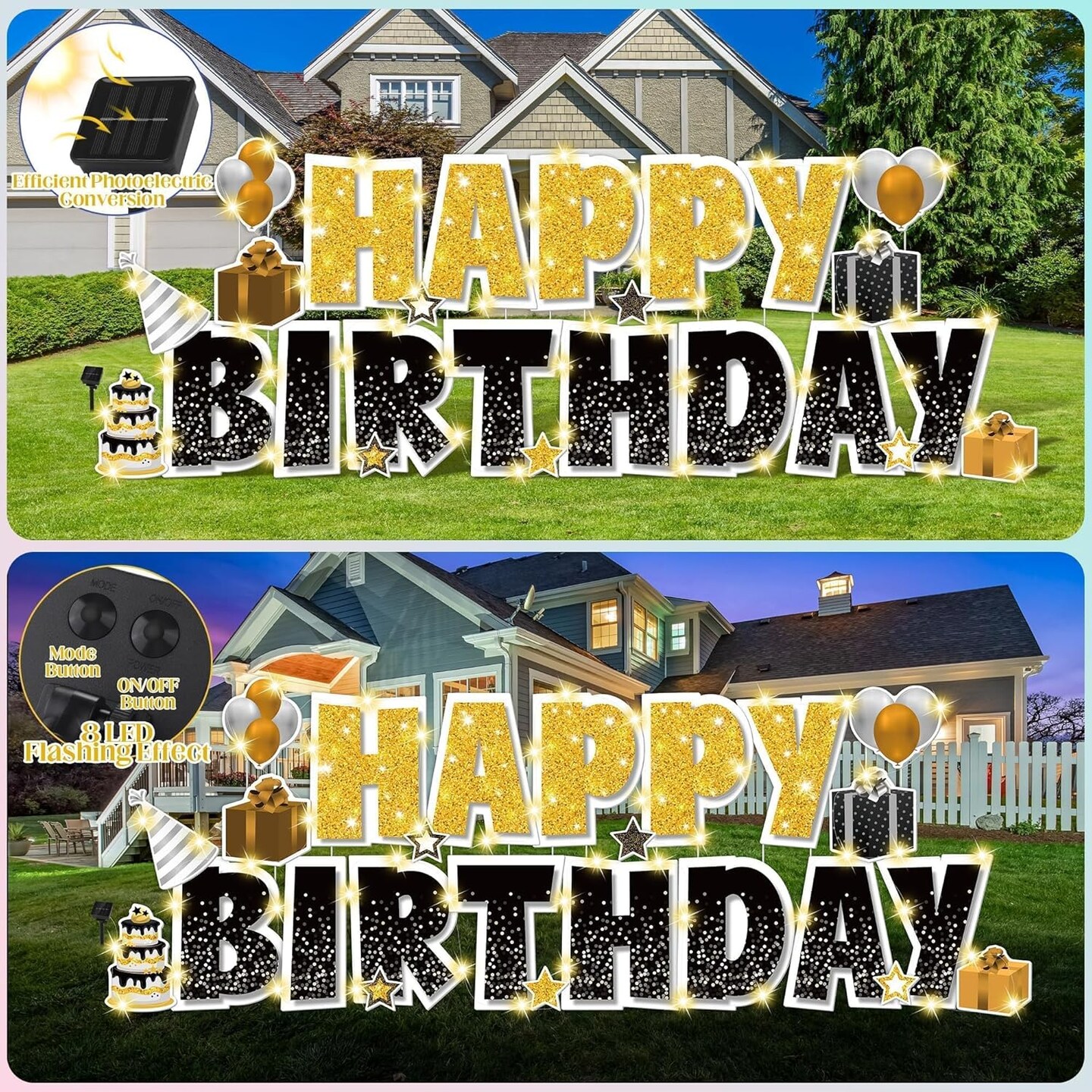 25 Pcs Extra Large 19.7 Inch Happy Birthday Yard Signs with Solar LED Light Black and Gold Birthday Lawn Signs with Metal Stakes Waterproof Outdoor Decorations for Garden Party