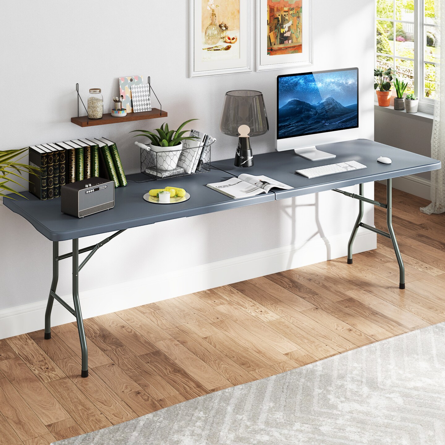 8 Feet Patio Portable Fold-in-Half Table with Robust Metal Legs and Joint Safety Lock