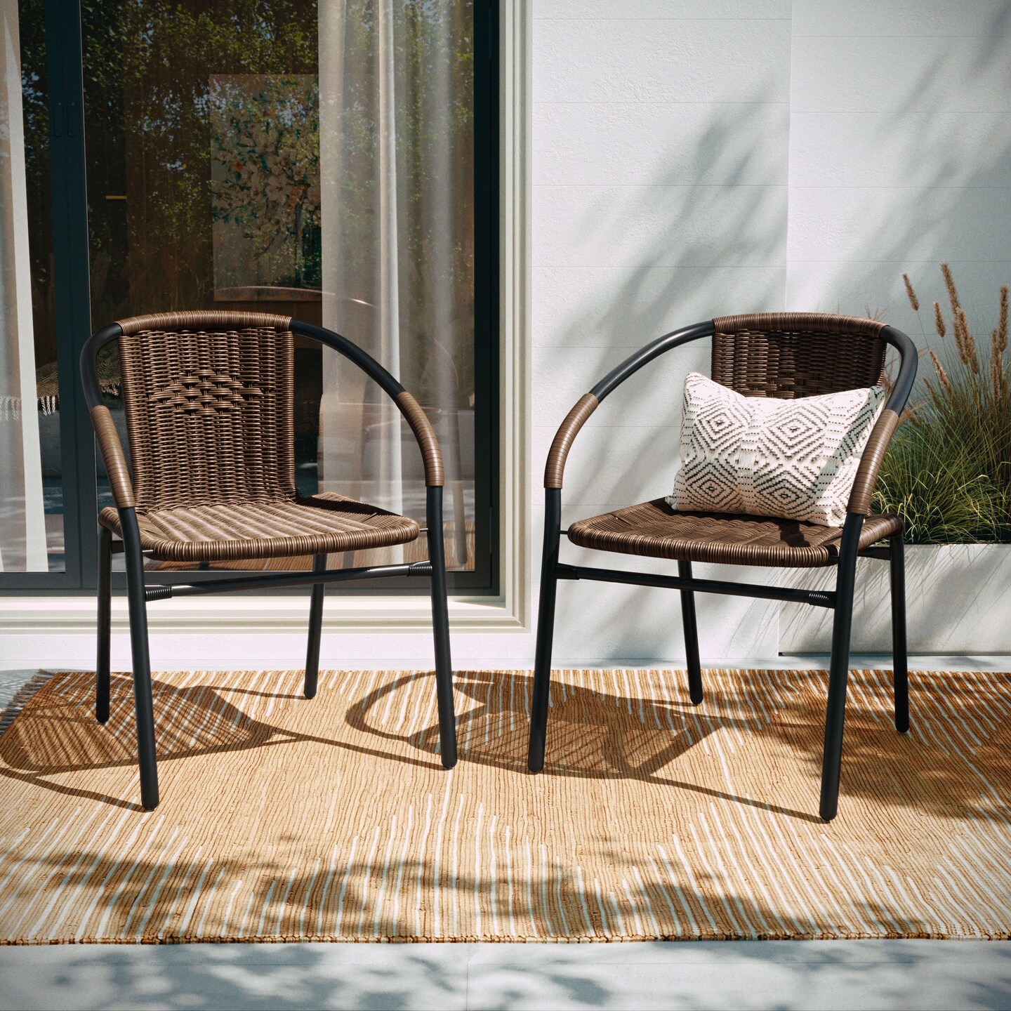 Emma and Oliver 4 Pack Rattan Indoor-Outdoor Restaurant Stack Chair with Curved Back