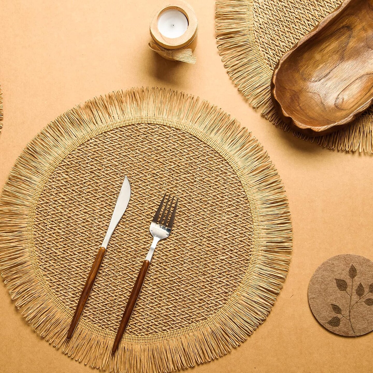 Paper Round Placemats Set of 12 for Dining Tables 15 Inch Heat Resistant Table Mats Handmade Natural Place mats for Farmhouse Table Decoration(Brown)
