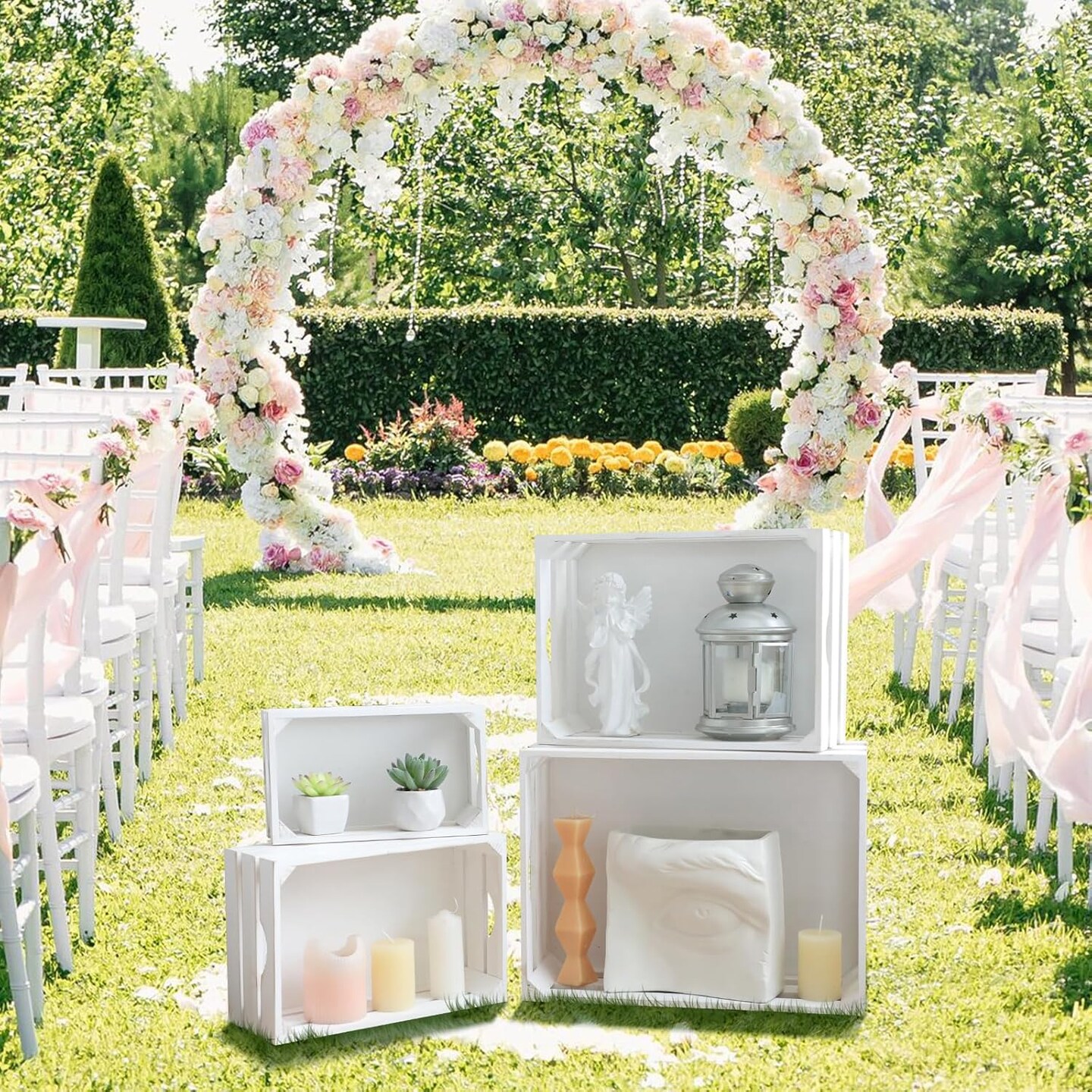 Set of 4 Large Wooden Crates Decorative, Whitewashed Nesting Wooden Crates for Display Rustic, Farmhouse Wooden Storage Container Boxes Made from 100% Wood