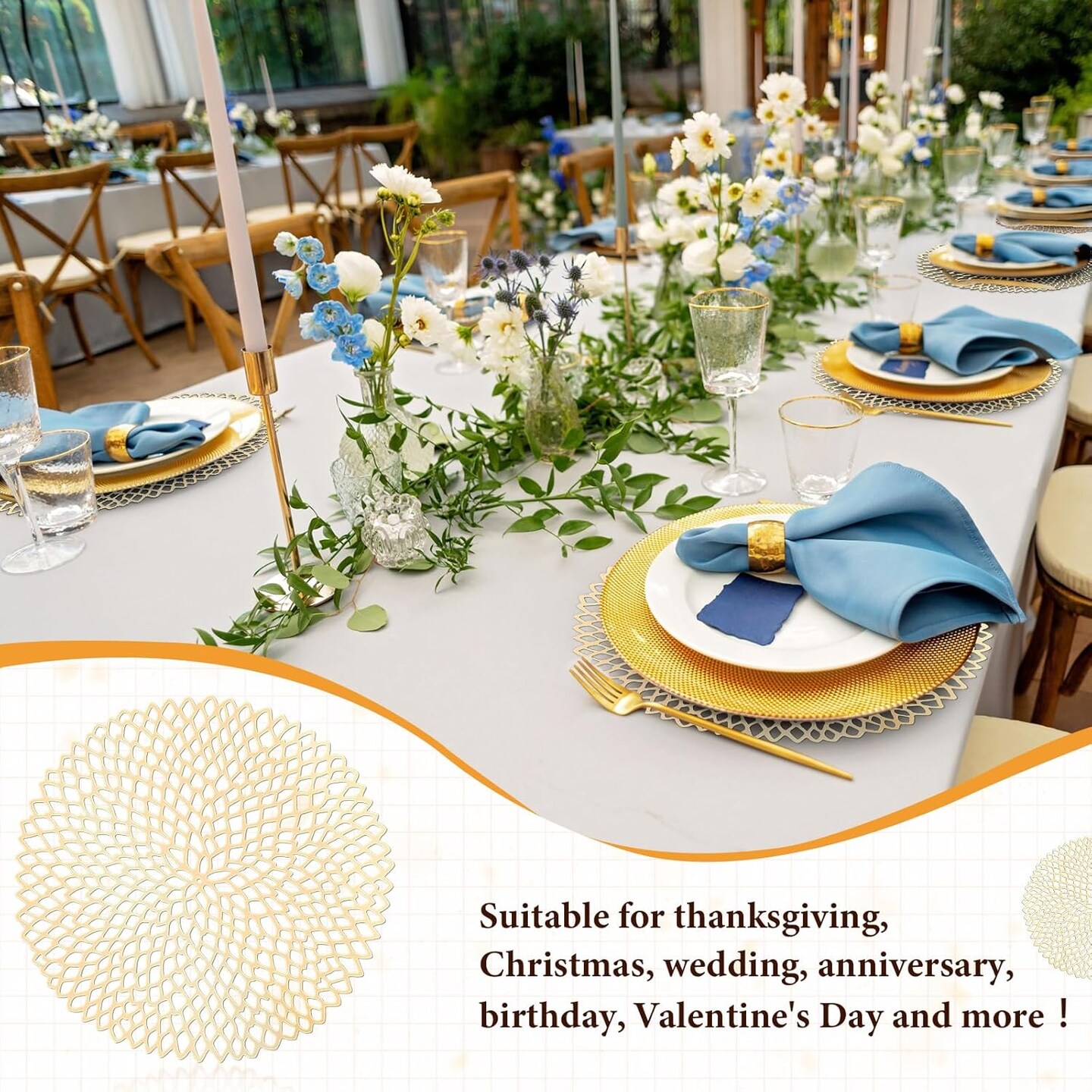 48 Packs Gold Round Placemats 15 Inch Hollow Out Pressed Vinyl Place Mats Bulk, Non Slip Washable PVC Chargers Place Mat for Christmas Dining Wedding Holiday Party Home Kitchen Dinner Table