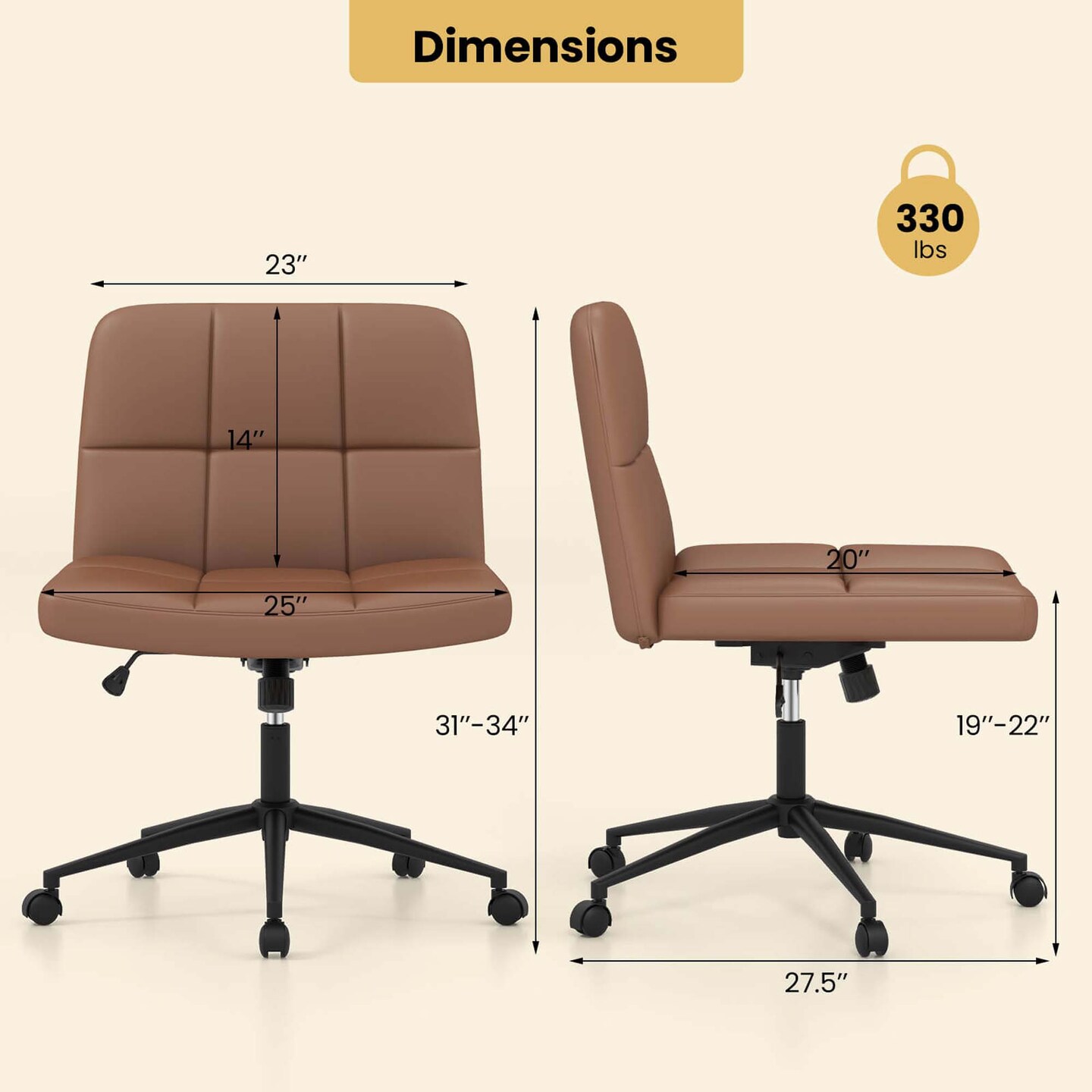 Costway Criss Cross Chair with Wheels Oversized U-shaped Seat Wheels for Home Office Beige/Brown