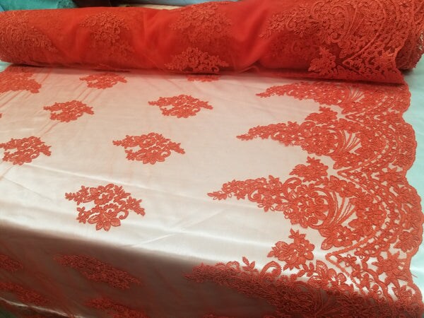 1 Yard Red French Floral Mesh Lace Fabric for Bridal Dresses and Decorations 50/54 Inch Width