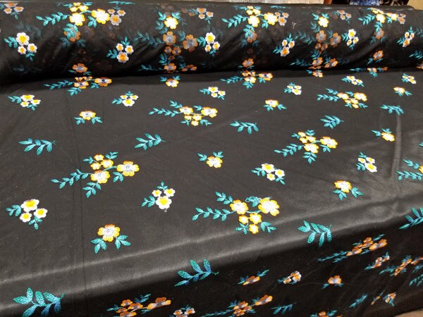 1 Yard Orange Blue Floral Embroidered Black Mesh Lace for Gowns Dresses Decor 50/54 Inch