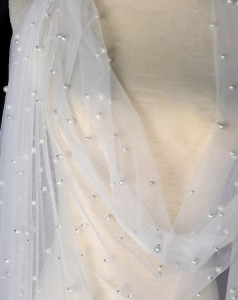1 Yard White Pearl Mesh Lace Fabric Bridal Wedding Dress Sequin Beaded French Tulle 150 cm