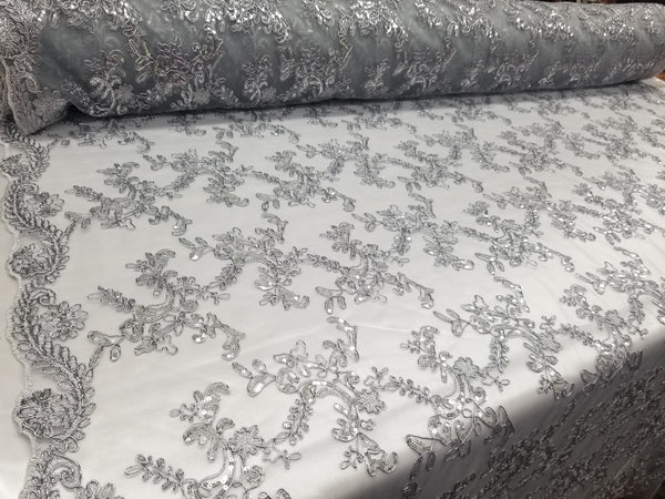 1 Yard Silver Metallic Flowers Sequins Mesh Lace Fabric for Tablecloths and Costumes