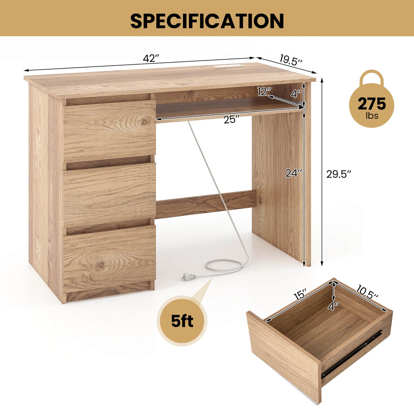 Costway Computer Desk with Power Outlet Keyboard Tray & 3 Large Drawers Type-C & USB Ports White/Natural