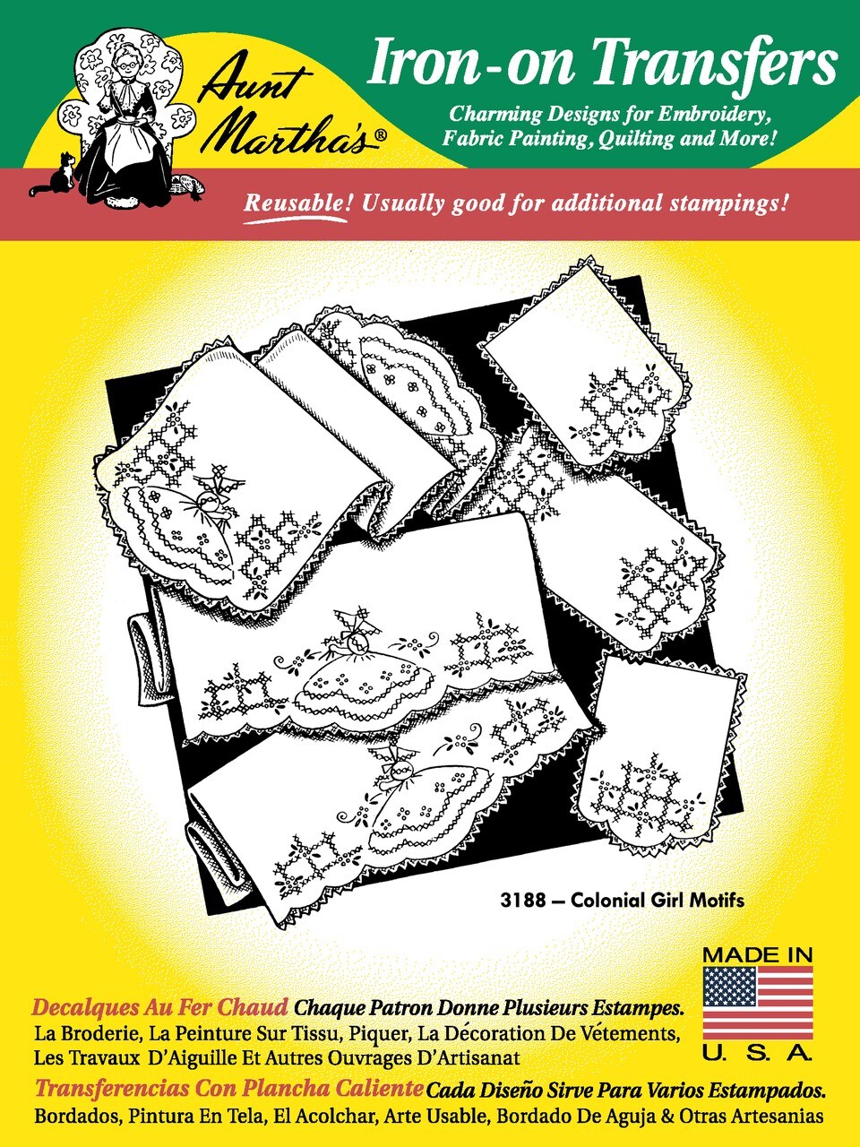 Colonial Girl Motifs Aunt Martha's Hot Iron Embroidery Transfer 3188