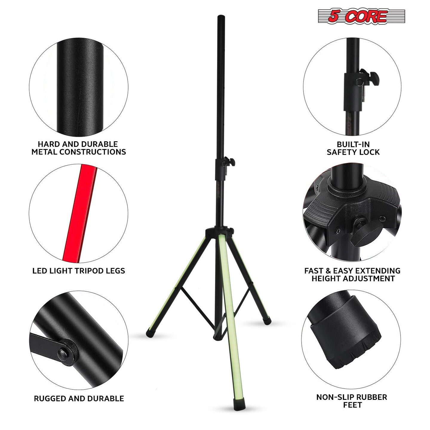 Edge Collections – 72 Inch – Heavy Duty Adjustable Speaker Stand Tripod with RGB LED Lights for DJ & Studio Use – 1 Piece