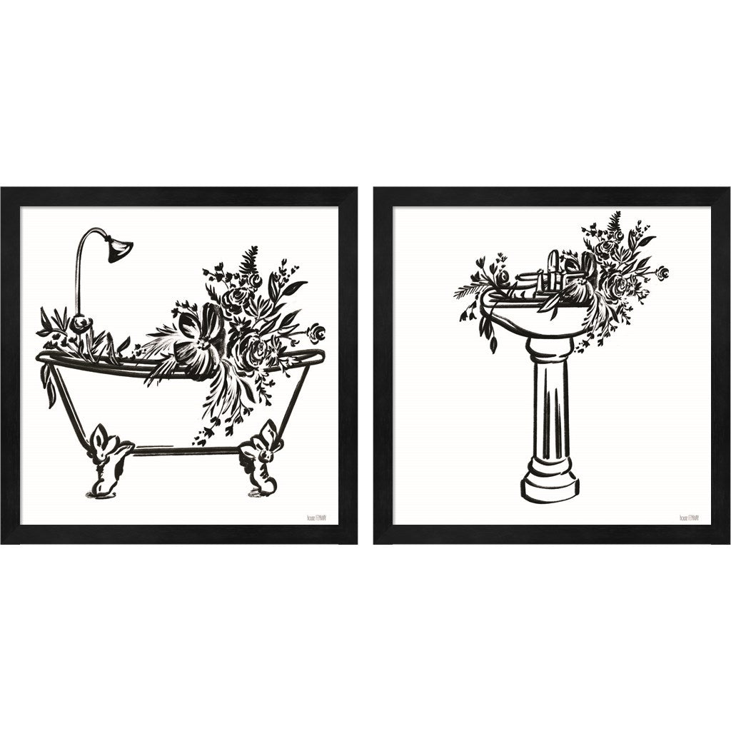 Vintage Floral Tub & Sink by House Fenway, 2 Piece Black Framed Art Set