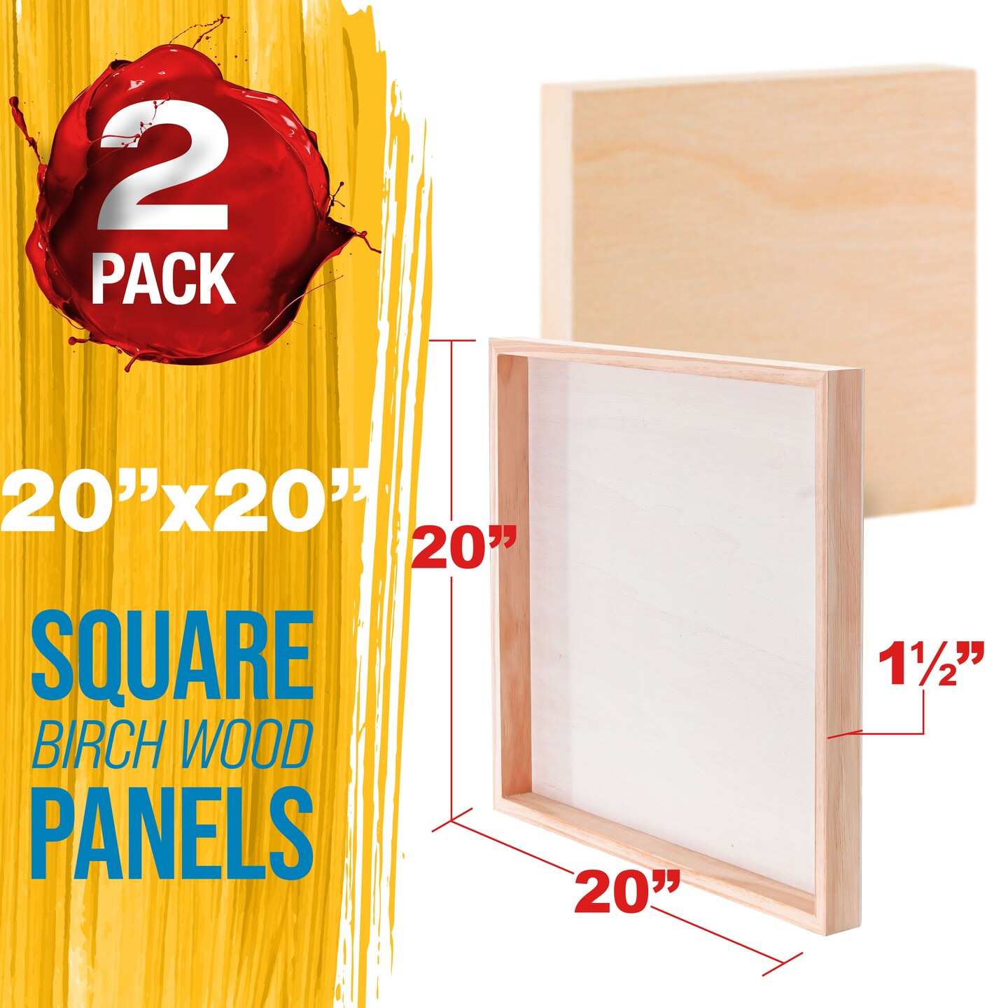 Unfinished Cradled Wood Panels for Painting, 2 Pack of 20x20 inch - Gallery Birch Wooden Canvas Boards 1-1/2" Deep - Mixed-Media Craft, Acrylic, Oil, Encaustic, Paint Pouring