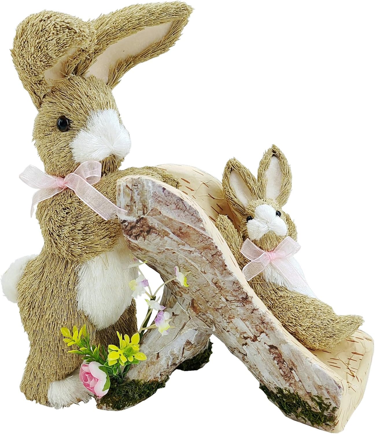 9.6-Inch Sisal Easter Bunny Figurine Set with Slide – Mom & Baby Straw Bunny Decorations, Spring Home Décor, Table Centerpieces, Holiday Mantel Decorations & Springtime Gifts