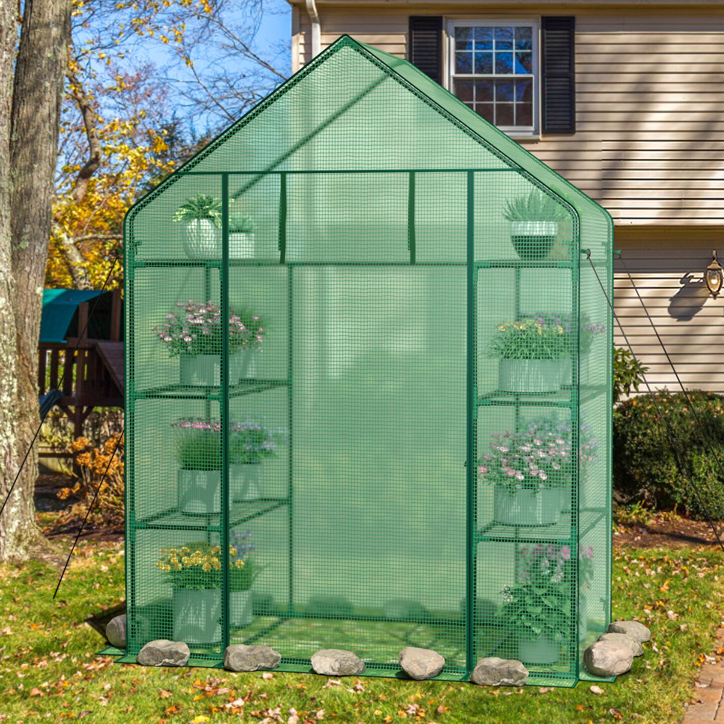 Green Portable 4-Tier Walk-In Plant Greenhouse with 8 Shelves