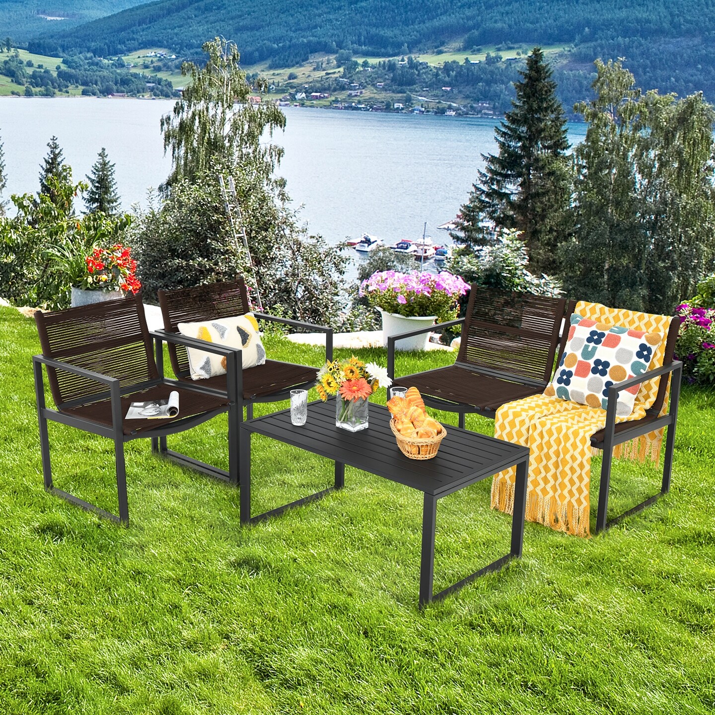 Black-Brown Steel Patio 4-Piece Sofa Set with Loveseat and Coffee Table