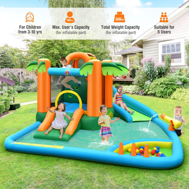 Kids Inflatable Water Slide with Coconut Palm Design Splash Pool and Tunnel Green Orange