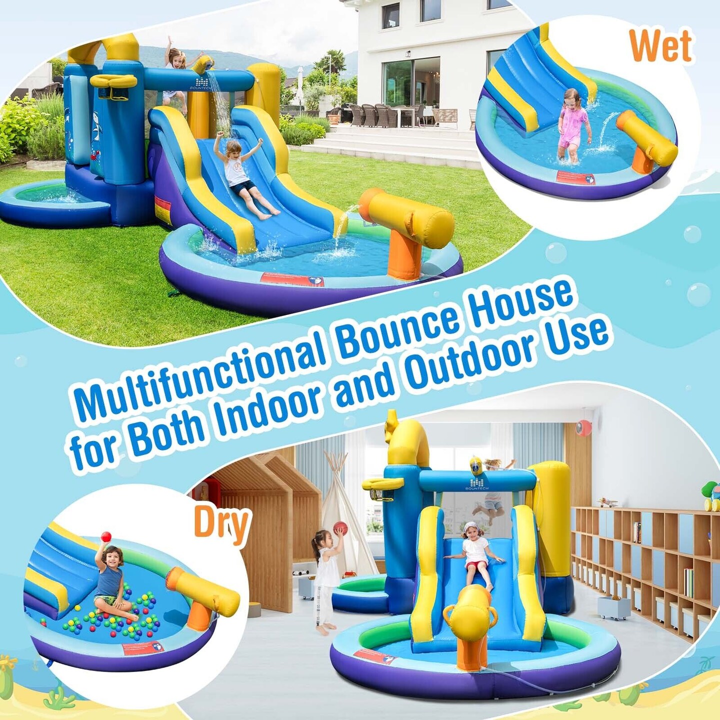 Kids Inflatable Bounce House With Slide Water Cannon Trampoline Outdoor Play