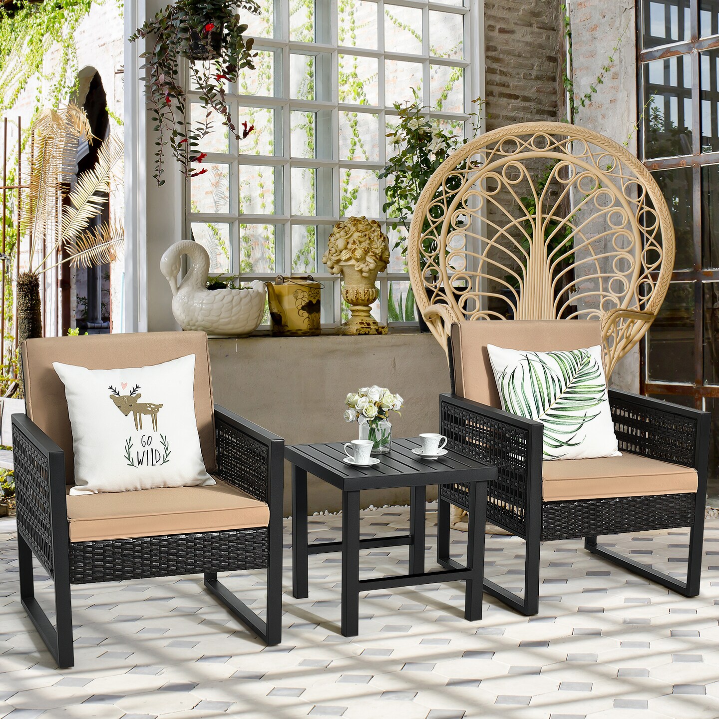 3 Pieces Beige Rattan Outdoor Patio Sofa Set with Cushions and Steel Table